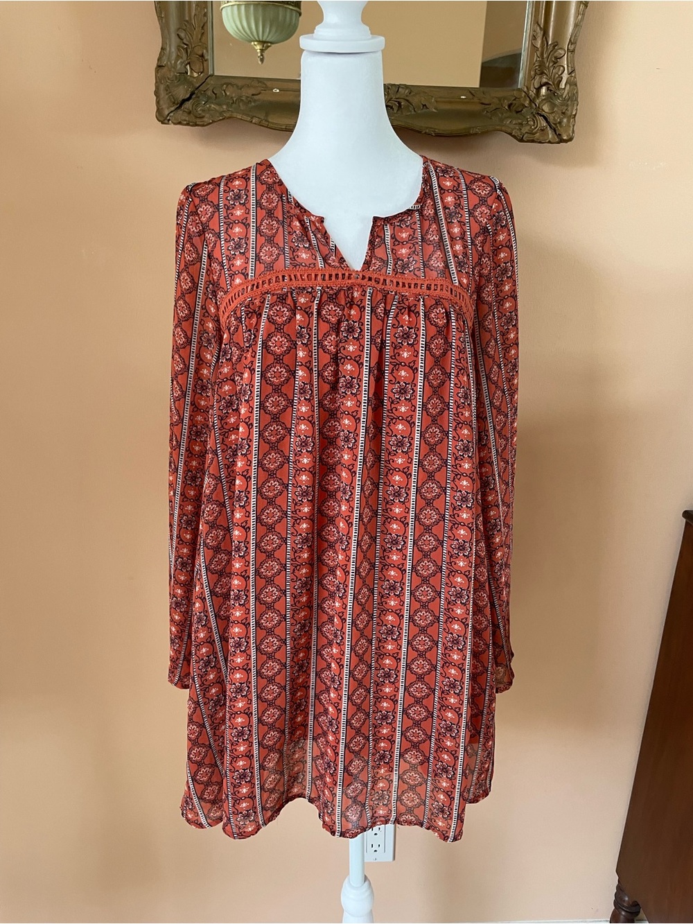 Boho Orange Floral Print Poly Lined Baby Doll Micro Mini Dress or Tunic Top M